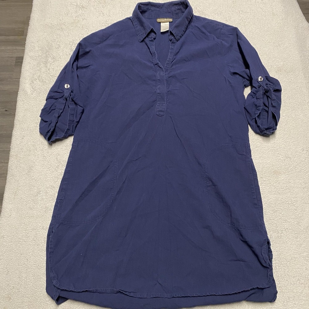 Tommy Bahama Dress Small Blue Popover Tunic Pockets‎ Beach Roll Tab